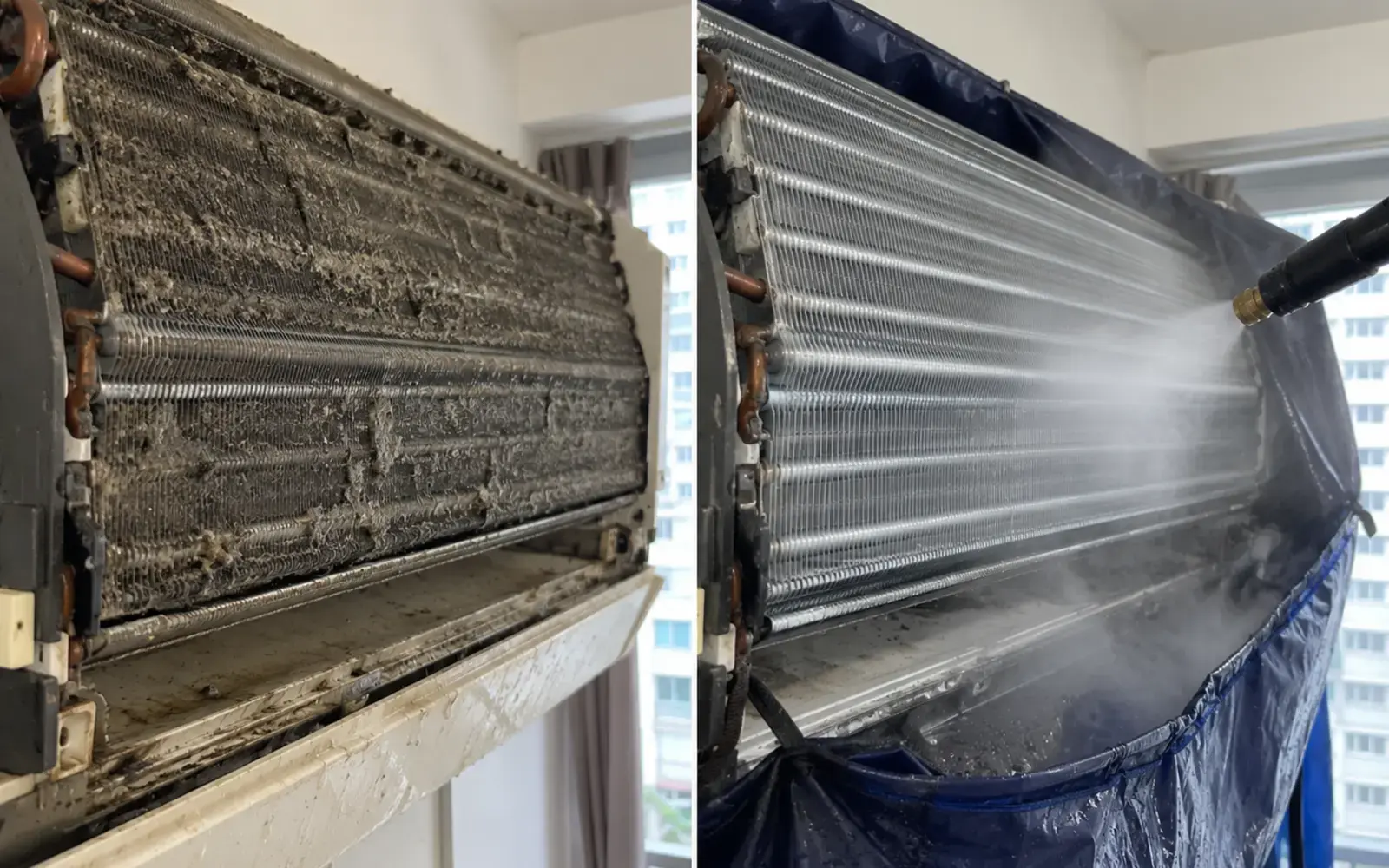NANOFIXAC technician applying aircon chemical pre-treatment and controlled steam