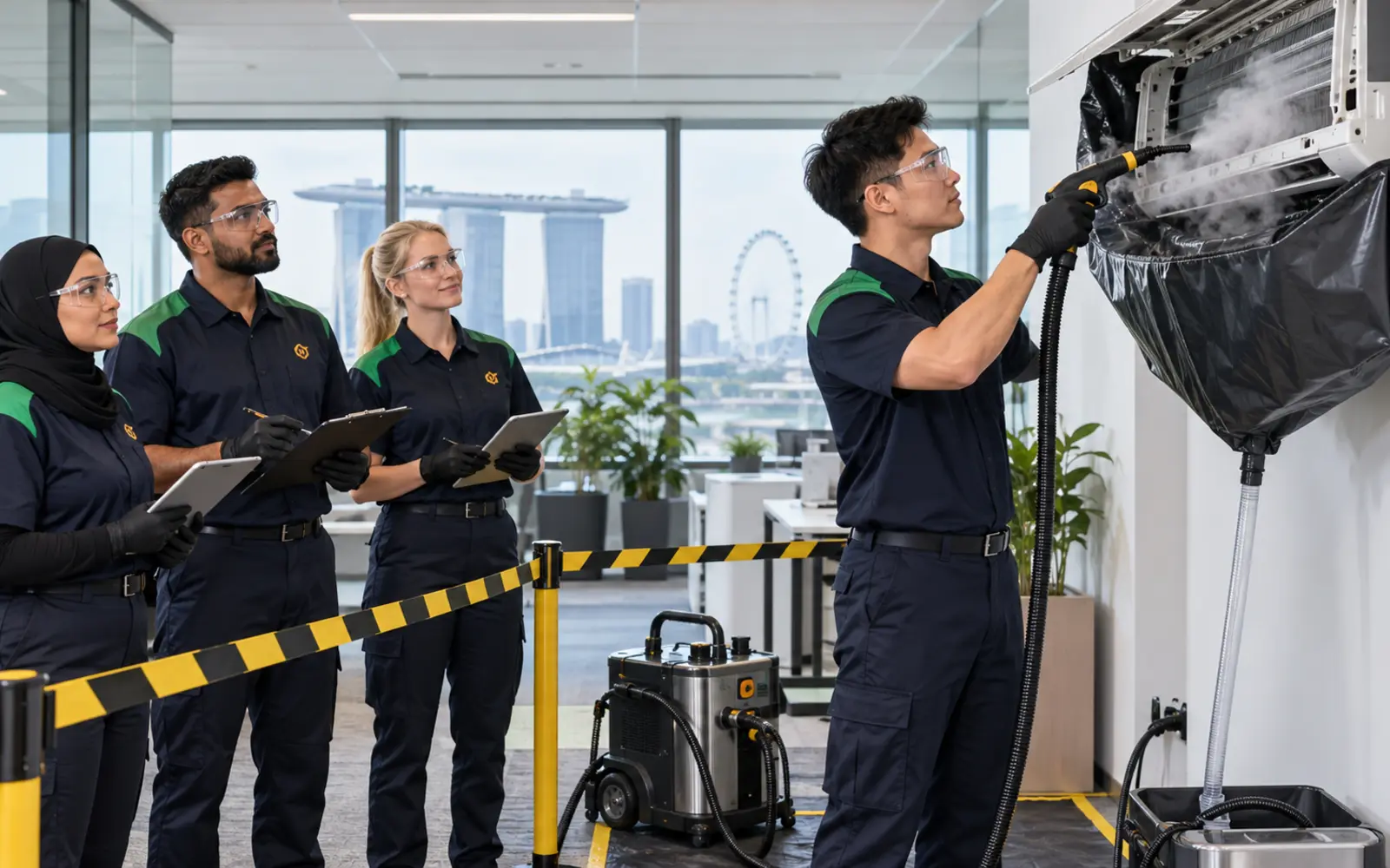 High-temperature steam chemical cleaning of multiple aircon units in a Singapore office