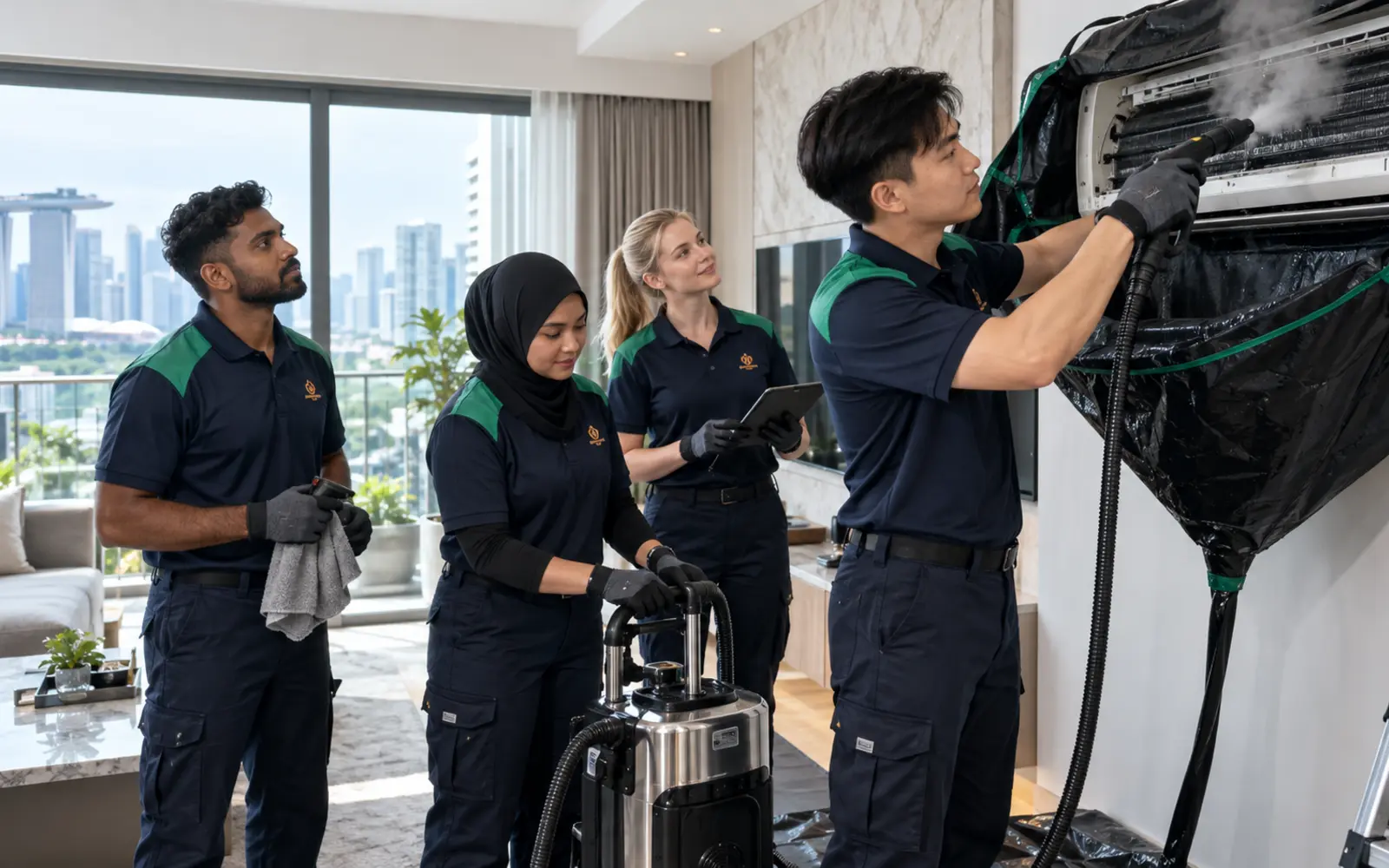 NANOFIXAC technician using professional high-temperature steam equipment to clean an aircon in a Singapore condominium